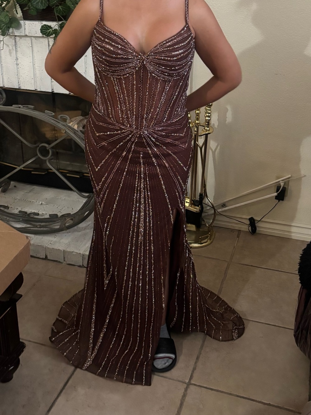 Elegant Brown Beaded Evening Gown with Glitter Accents